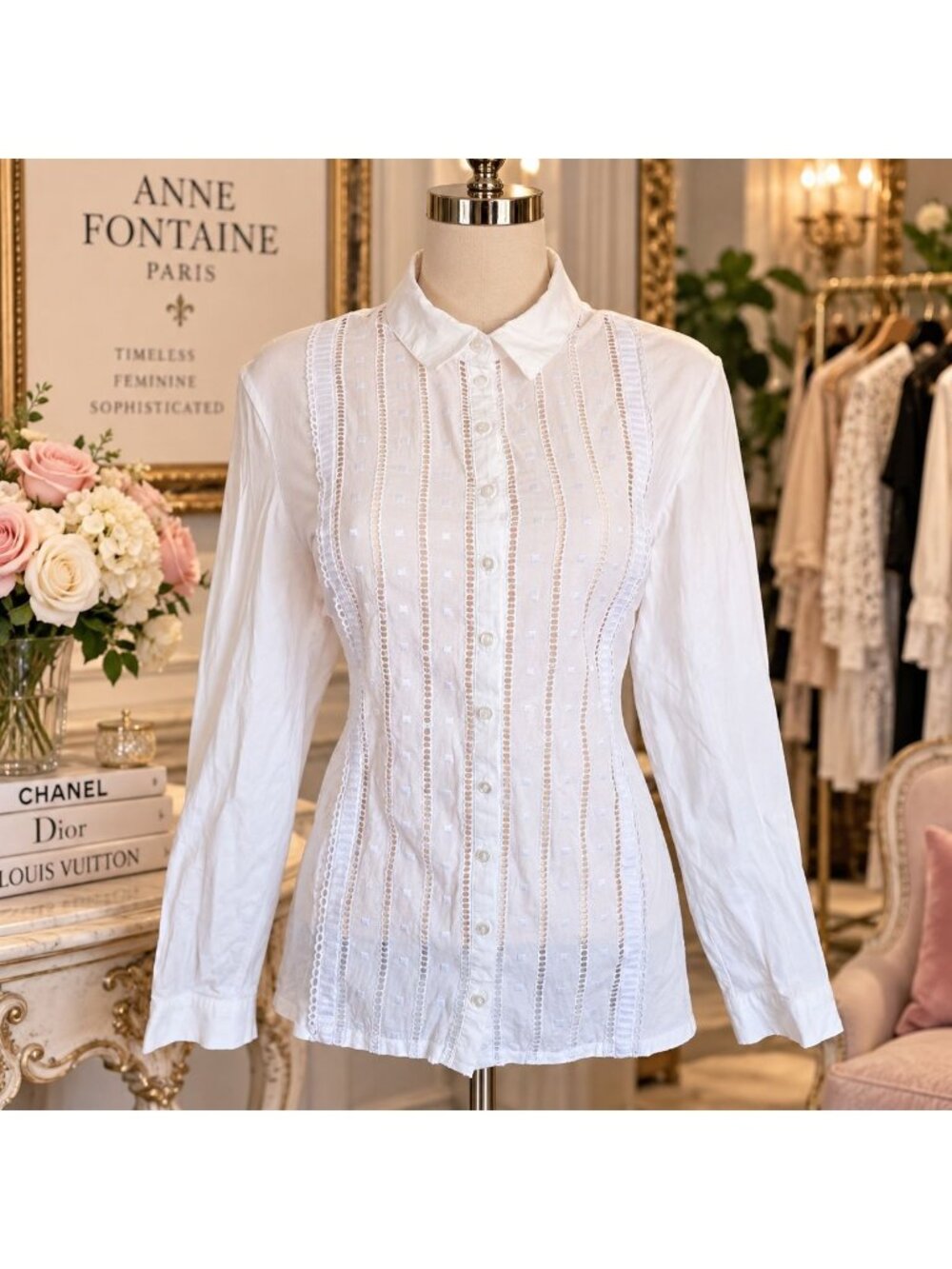 Anne Fontaine Paris Laetitia White Blouse Poplin Sz 44 Lace Embroidered